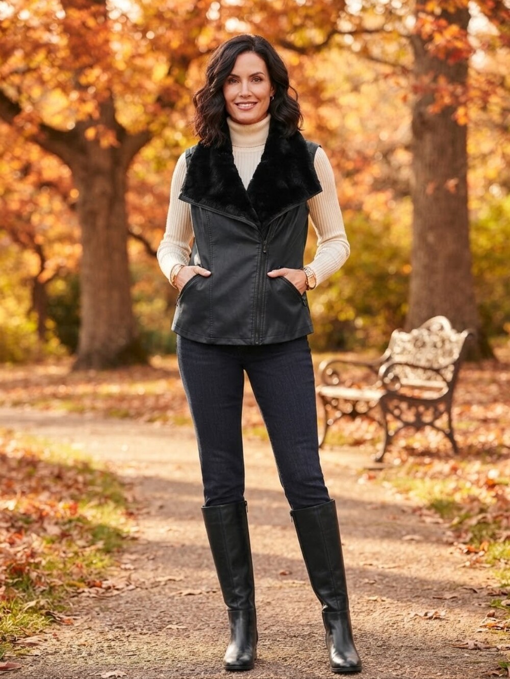 Roz & Ali Women's Black Faux Leather Moto Vest w/ Faux Fur Collar - Size 1X